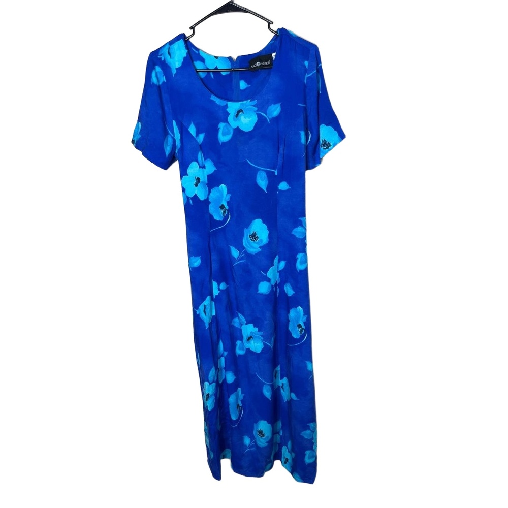 Sag Harbor Blue Floral Pattern Short Sleeve Maxi Dress 90s Vintage Womens‎ Large
